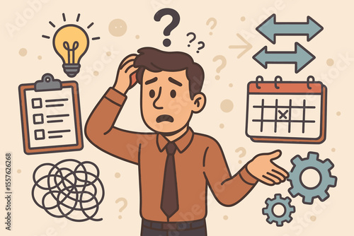 Confused businessman problem solving concept. Cartoon man surrounded by question marks, tangled lines, checklist, gears, calendar, arrows, lightbulb. Decision making, stress, confusion, workflow