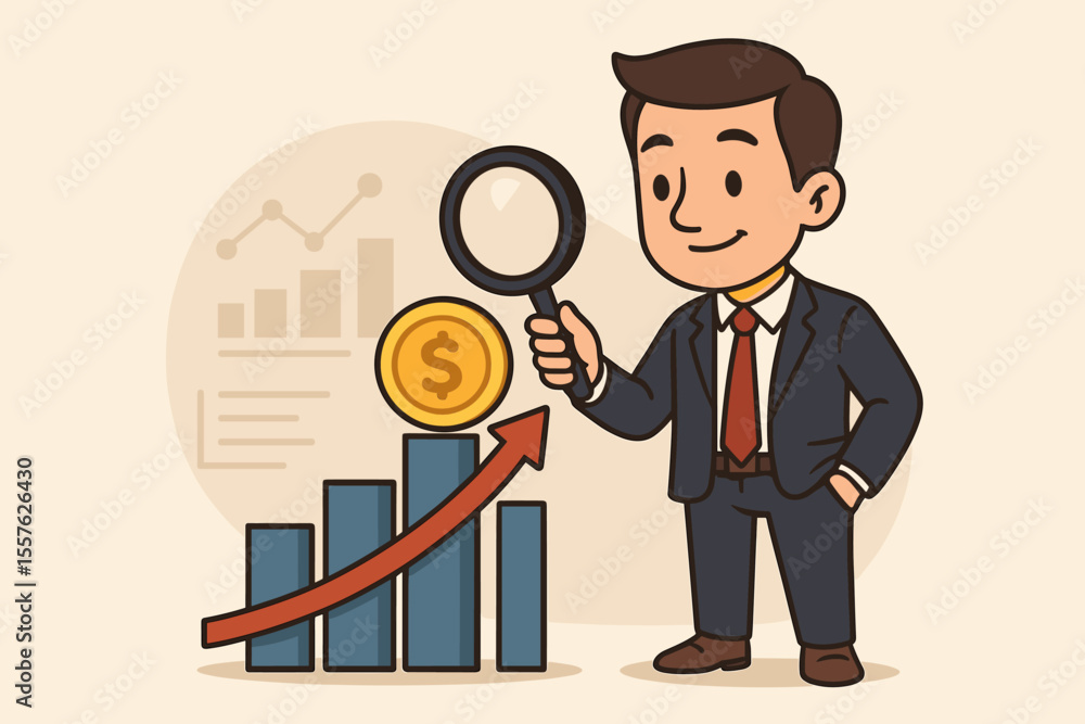 Businessman analyzing smart investment growth strategy with magnifying glass, rising bar chart, dollar coin, financial success, business analysis, cartoon vector illustration Businessman analyzing smart investment growth strategy with magnifying glass, rising bar chart, dollar coin, financial success, business analysis, cartoon vector illustration