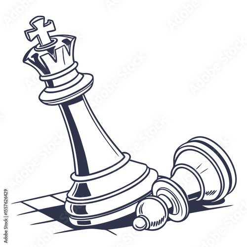 Fallen Chess King and Rook Piece Vector Illustration Dark Blue and White Isolated on White Background