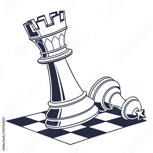 Fallen Rook Chess Piece and King on Checkered Board Dark Blue and White Vector Graphic