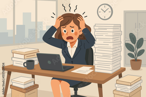 Overwhelmed businesswoman stressed at office desk with paperwork, deadline pressure, burnout, anxiety, multitasking, corporate stress, cartoon vector illustration, modern workplace concept