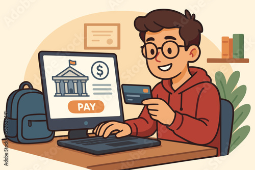 Student making online college tuition payment with credit card at home desk, digital banking, university fees, e-payment, education finance, cartoon vector illustration, remote learning concept
