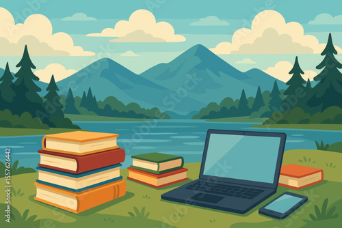 Peaceful lakeside study scene with stacked books, laptop, smartphone, mountain landscape, pine trees, outdoor learning, remote work, digital nomad, education, vector cartoon illustration