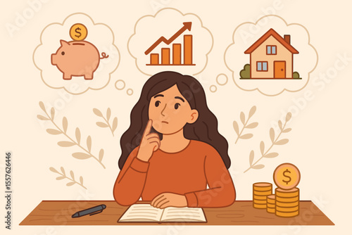 Thoughtful woman planning personal finance, investment goals, saving money, home ownership, and future growth. Financial planning concept. Vector illustration with coins, piggy bank, chart, house.