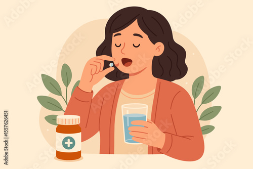 Woman taking medication pill with glass of water, prescription medicine bottle, health care routine, daily supplement, self-care, medical treatment, wellness, vector cartoon illustration