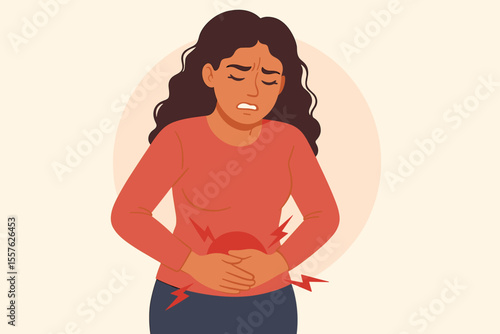 Woman suffering abdominal pain and menstrual cramps. Female holding stomach, period pain, digestive discomfort, PMS symptoms. Vector illustration for gynecology, health, medicine, women’s issues