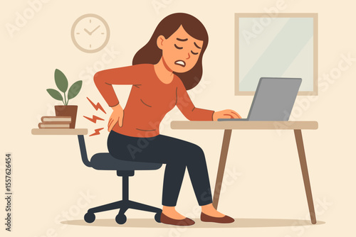 Office woman suffering lower back pain sitting at desk with laptop. Poor posture, sedentary work, ergonomic problem, workplace discomfort. Vector illustration of backache, health risk, injury.