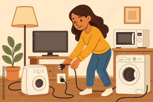 Woman Unplugging Household Appliances to Save Electricity at Home. Energy Conservation Concept. Cartoon Vector of Female Disconnecting Devices, Eco Friendly Lifestyle, Power Saving in Modern Interior