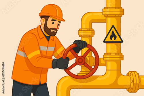 Industrial gas pipeline worker in safety uniform and helmet turning valve shutoff. Gas industry safety procedure, emergency response, hazardous materials, maintenance, cartoon vector illustration