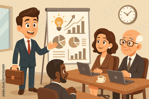 Business Team Meeting Presentation. Cartoon Vector Illustration of Office Workers Analyzing Charts, Graphs, and Data on Flipchart. Corporate Strategy, Financial Report, Brainstorming, Collaboration