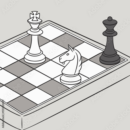 Isometric View of a Chessboard Showing Checkmate White Knight delivers final move Black King defeated gray background