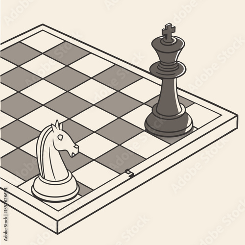 Isometric Vector Illustration of Chess Castling Maneuver White Knight and Black King on Beige and Gray Checkerboard