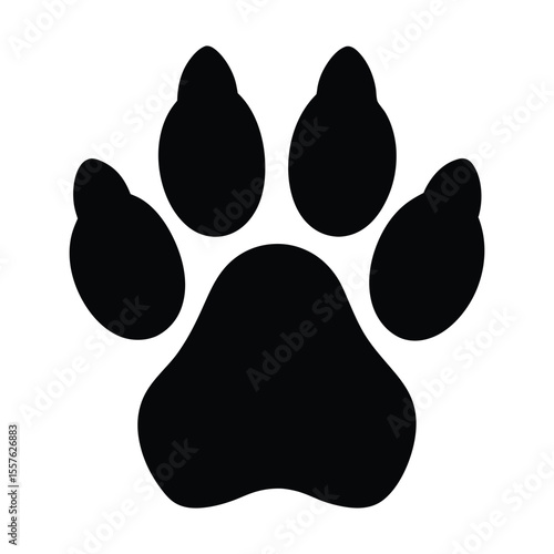 Simple and clean silhouette of a dog paw print with four toes and a pad perfect for pet branding