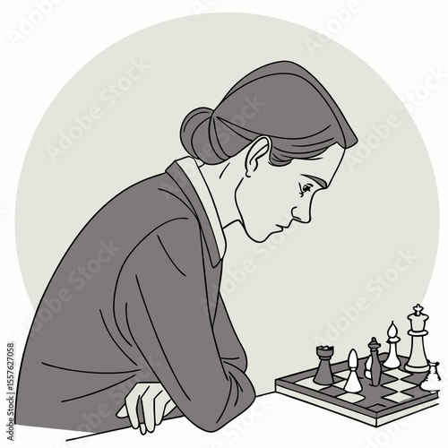 Woman in Gray Suit Concentratedly Studying a Chessboard Game in Progress female