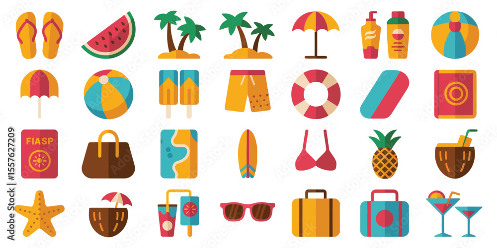 Fototapeta premium Summer beach vacation icon set with 24 colorful flat style symbols and signs