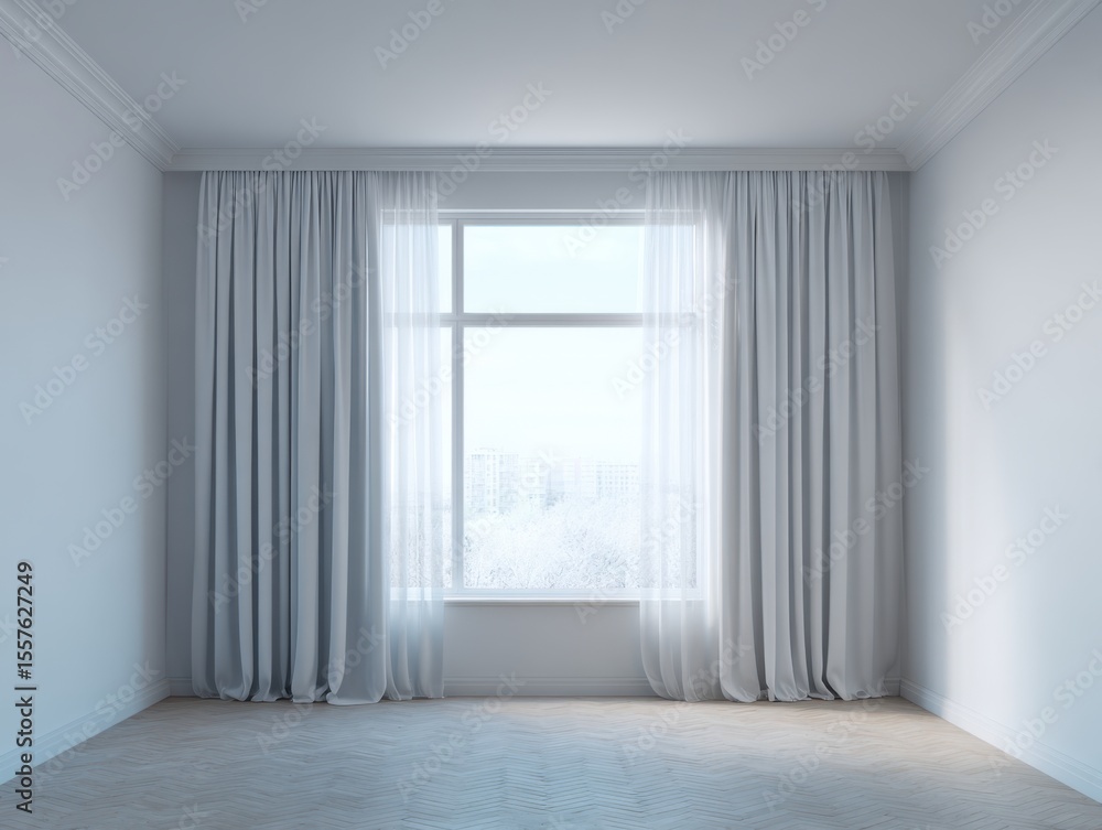 Fototapeta premium A room with a window and white curtains. The curtains are open and the window is clear. The room is empty and has a white wall