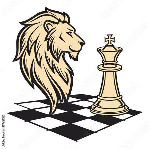 Beige Lion Head Profile Facing Right Next to Beige Chess King Piece on Black and White Checkerboard game