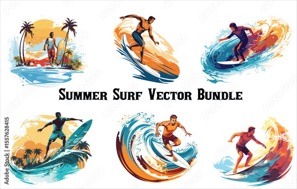 Obraz premium Summer holidays, Travel, Surfing, Beach, Labels and Badges , Surfing the tube, Surfers characters. People on boards dissect sea and ocean waves, beach sport, extreme athletes, profession and hobby,