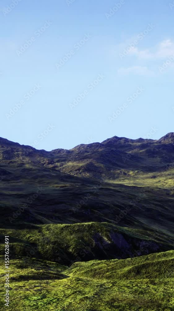 Lush green valley surrounded by towering mountains showcases a serene landscape. Bright sunlight bathes the terrain, highlighting natures beauty in perfect harmony.