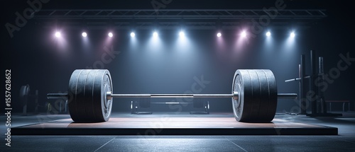 A barbell rests on the platform, the scene is illuminated with dynamic stage lighting