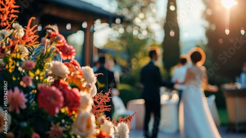Crowd of people at outdoor event in garden setting, adorned with flowers and illuminated by string lights creating warm ambiance.