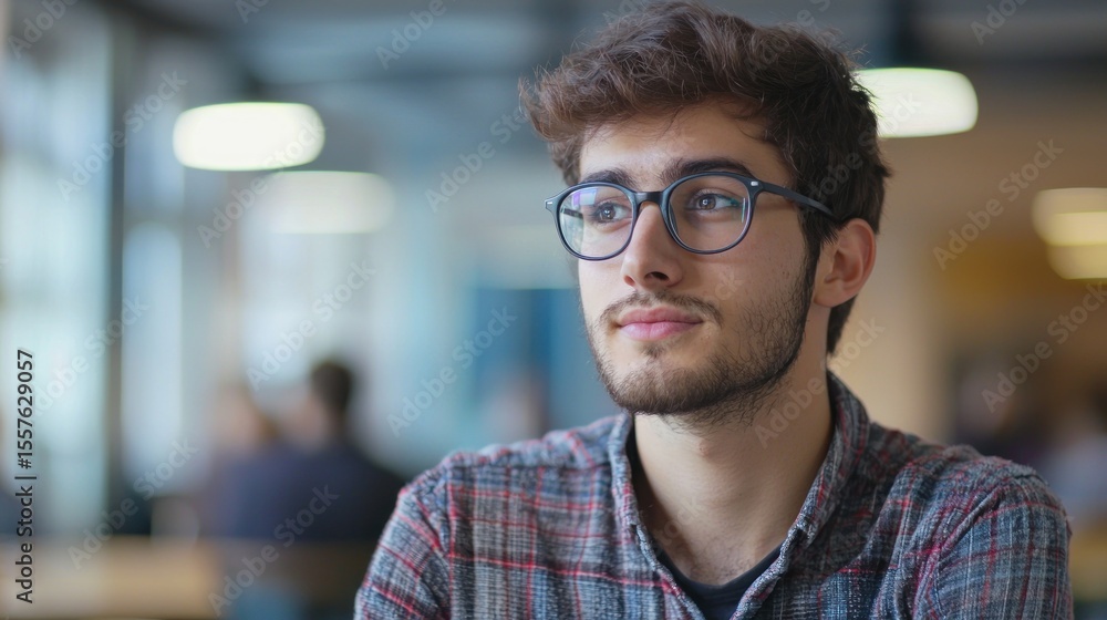 Fototapeta premium A young man wearing glasses, sitting in a modern office with large windows and natural light, looking contemplative.