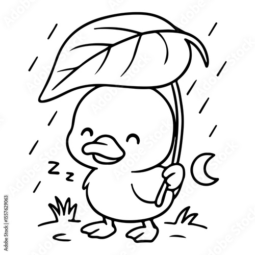 Cute Duck under leave with raining for Kids books	
