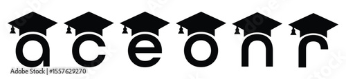 Stylized educational typography featuring lowercase and uppercase letters topped with academic graduation caps, symbolizing modern learning and creative academic design, letter a, s, c, g, o, q, n, m
