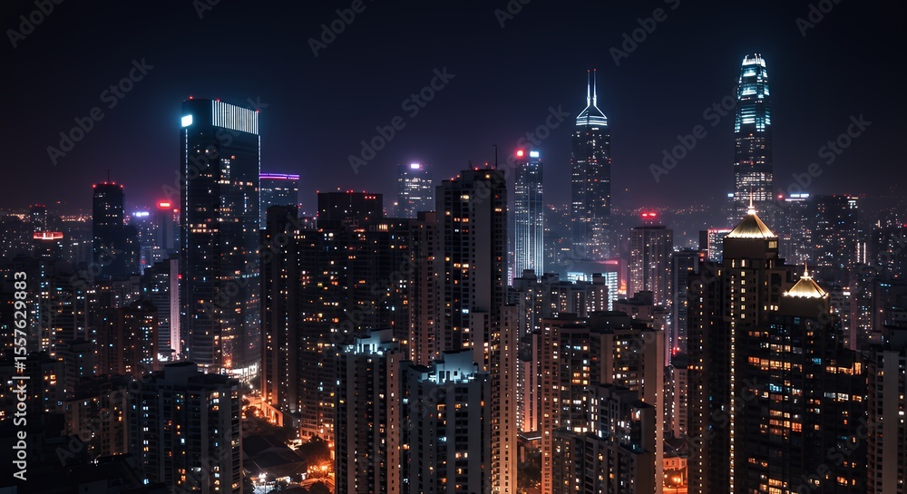 Fototapeta premium Tall City Buildings Night Skyline Modern Architecture