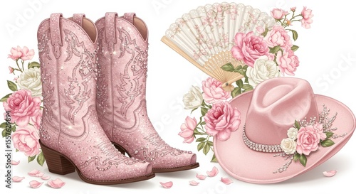 Pink Cowgirl boots with Hat and Roses Decorative Arrangement