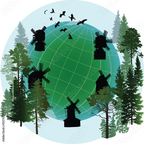 group of obsolete windmills and trees on light background