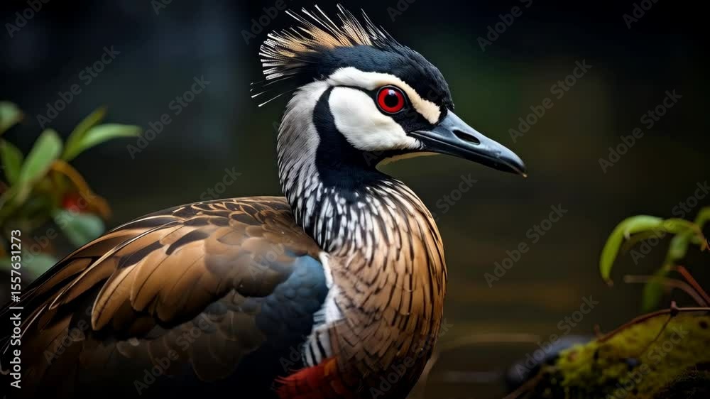 Exotic bird with detailed plumage and red eyes resting near mossy greenery, a captivating wildlife scene. Exotic bird with detailed plumage and red eyes resting near mossy greenery, a captivating wildlife scene.