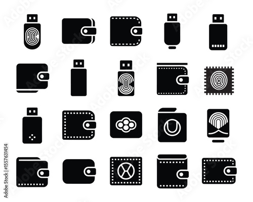Black digital security and finance icons wallets usb drives
