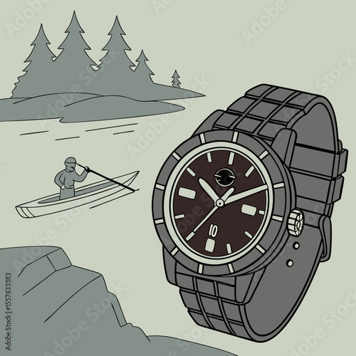 Gray Waterproof Watch with Dark Brown Face Kayak Paddler on Calm Water Green Background Illustration
