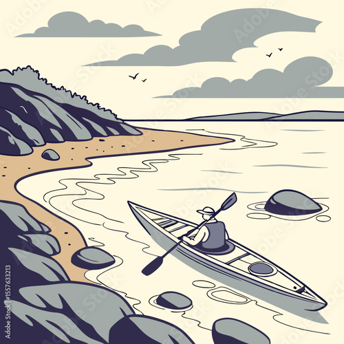 Kayak Paddler on Calm Water Near Rocky Beach Gray and Beige Color Palette Illustration paddling kayaker