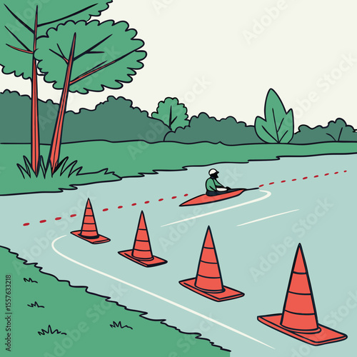 Kayak Race Course Illustration Green Trees River Orange Buoys Kayaker Competition Water Sport Event vector