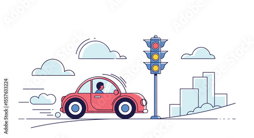 Modern Flat Style Car Driving Through City Traffic Lights and Buildings