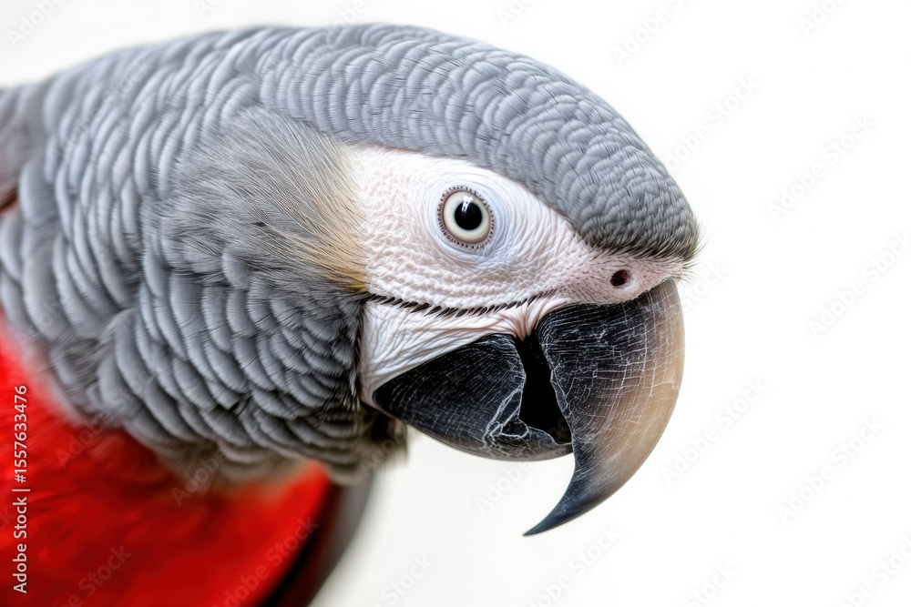 Fototapeta premium Majestic African grey parrot perched calmly, intricate feather patterns visible, isolated on a bright white background. 