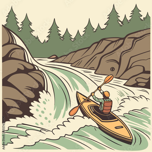Kayaker Navigating Whitewater Rapids in a Yellow Kayak amidst Green and Beige Water and Brown Rocky Landscape with Evergreen Trees