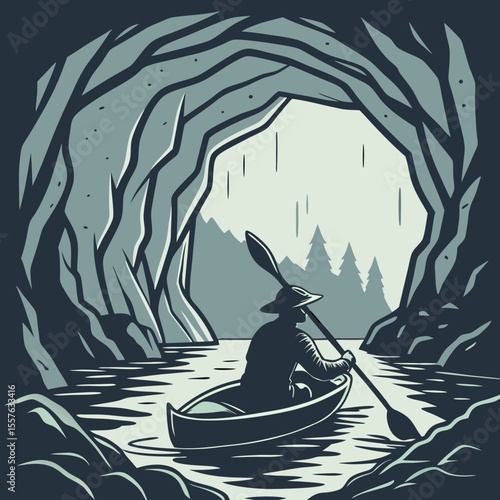 Kayaker Paddling Through Dark Teal Cave Tunnel Towards Light Green Mountains and Forest canoe paddle