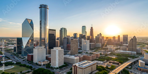 A captivating aerial shot of the dallas skyline at sunrise, featuring a stunning array of modern skyscrapers bathed in the warm golden light