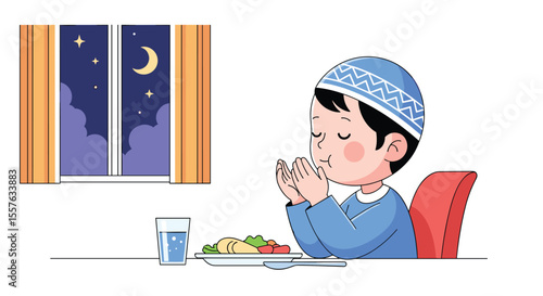 Young boy praying before meal during Ramadan night with moon and stars visible through the window