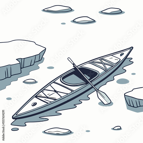 Single Kayak Floating in Icy Water Surrounded by Small Ice Floes Paddle Resting Beside it Simple Line Art Illustration