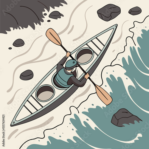 Top View Vector Illustration of Kayaker in White Kayak Paddling Through Teal Whitewater Rapids with Rocks