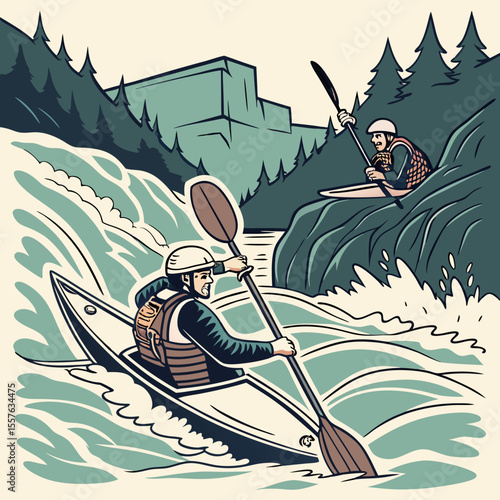 Two Kayakers Navigating Whitewater Rapids in a Slalom Race Green and Beige Color Palette Vintage Style Illustration