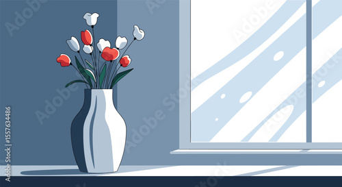 Bright Tulips in a White Vase by the Window with Sunlight Reflections