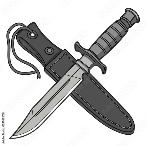 Gray and Black Hunting Knife with Leather Sheath and Cord Detail Cross Illustration Sharp Blade Tactical Design