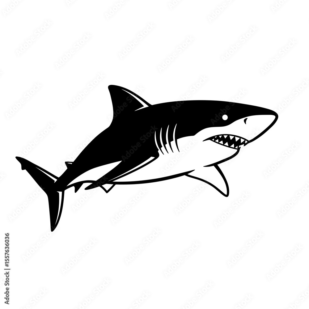 Fototapeta premium Stylized black and white drawing of a great shark silhouette