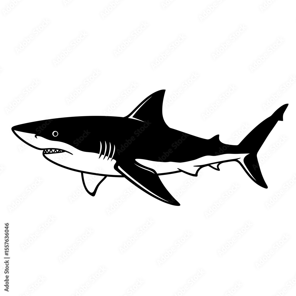 Fototapeta premium Silhouette of a shark with sharp teeth and fins