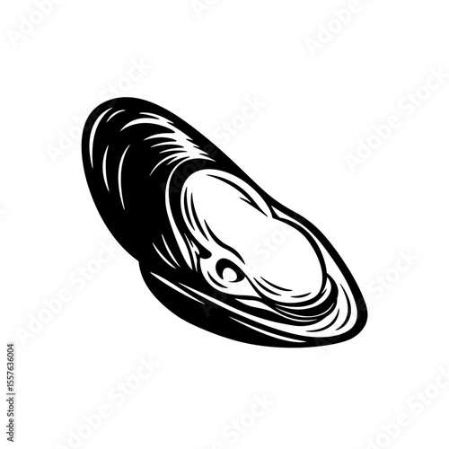 Isolated monochrome illustration of a mussel shell silhouette